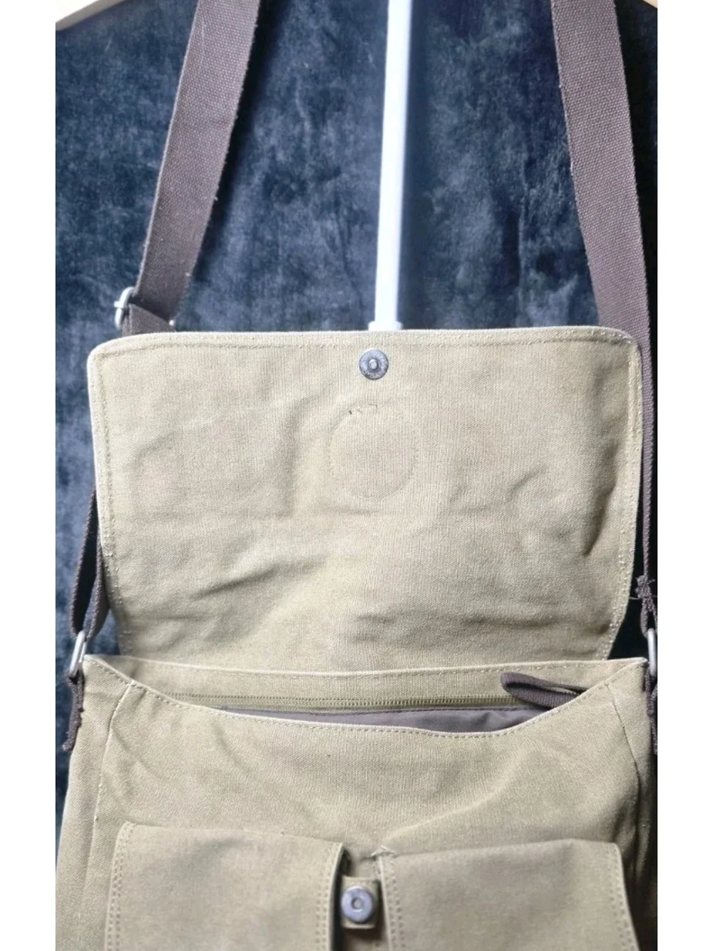 Canvas Messenger Bag in Olive Green with Front Zip